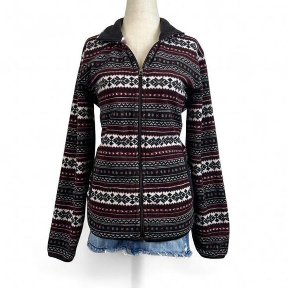 UNIQLO Camp Fleece Jacket Full Zip Womens M Aztec Fair Isle Nordic Mock Neck‎